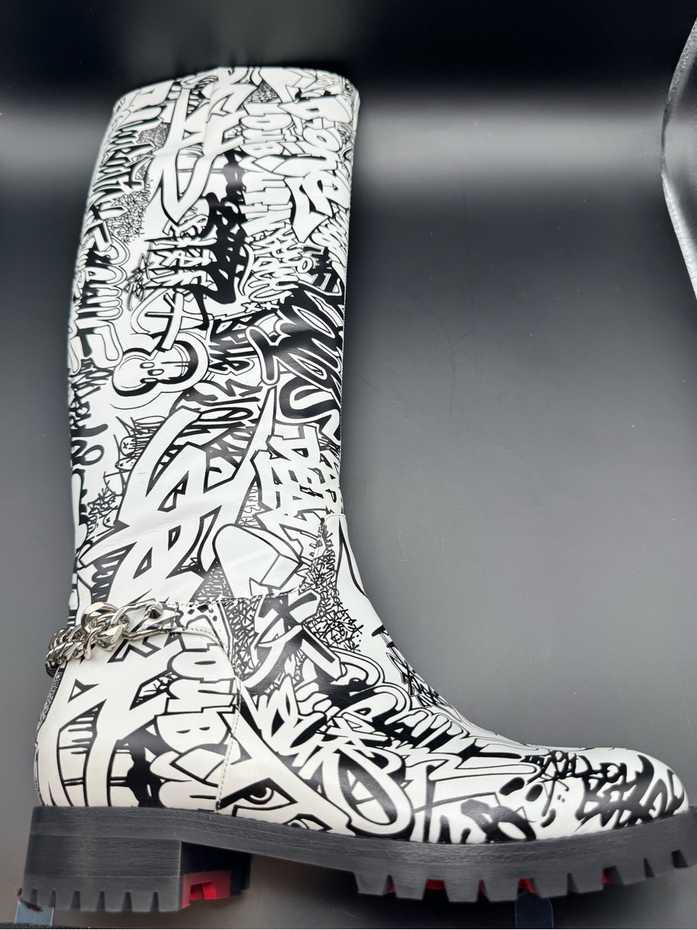Christian Louboutin Roadie Graffiti Chain Boots Black White Leather EU 37